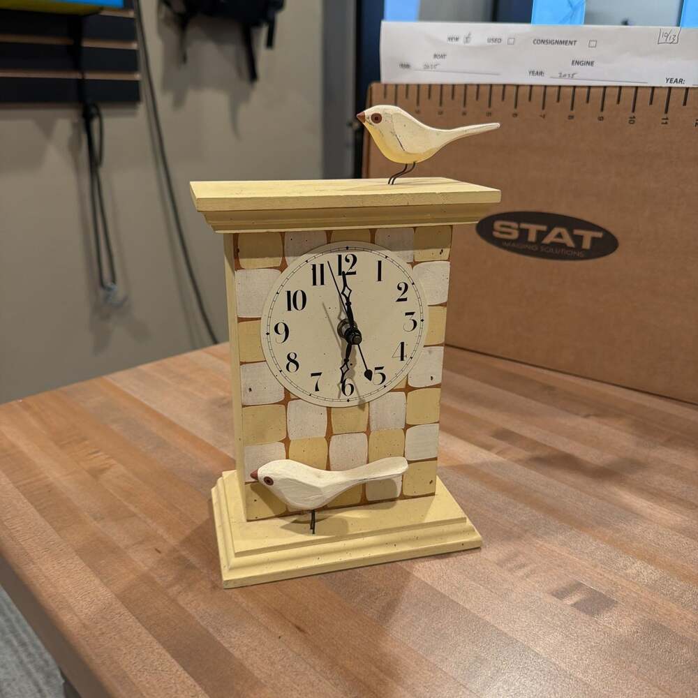 Wall Desk Mantle Clock carved Birds  yellow white cute decor